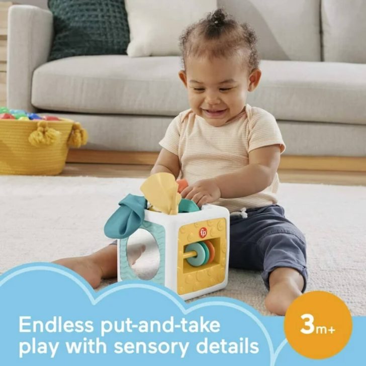 Cubo de atividades divertido de tecido Fisher-Price, brinquedos sensoriais amassados para bebês