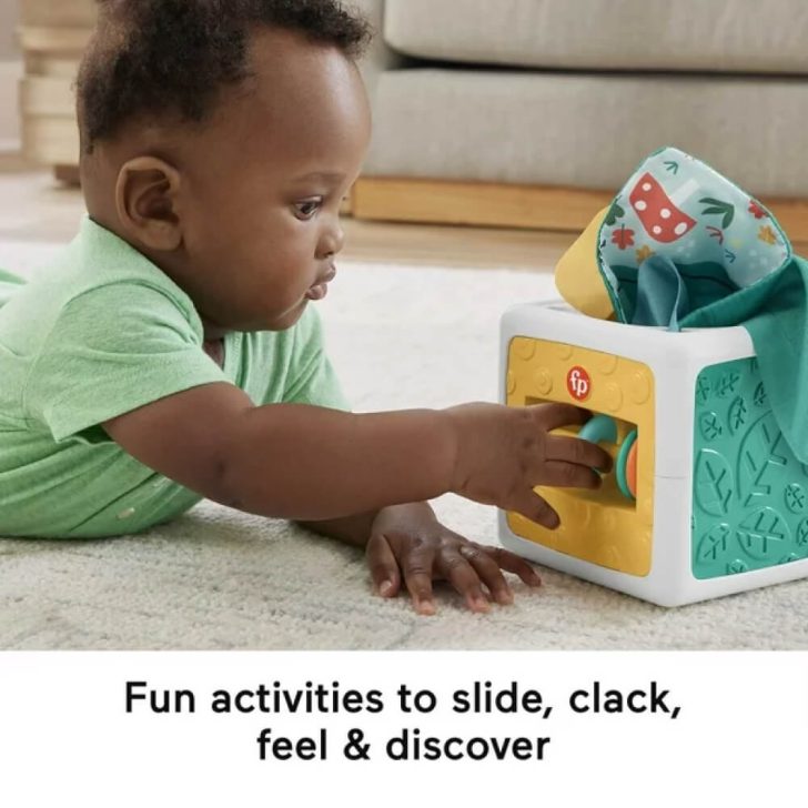 Cubo de atividades divertido de tecido Fisher-Price, brinquedos sensoriais amassados para bebês